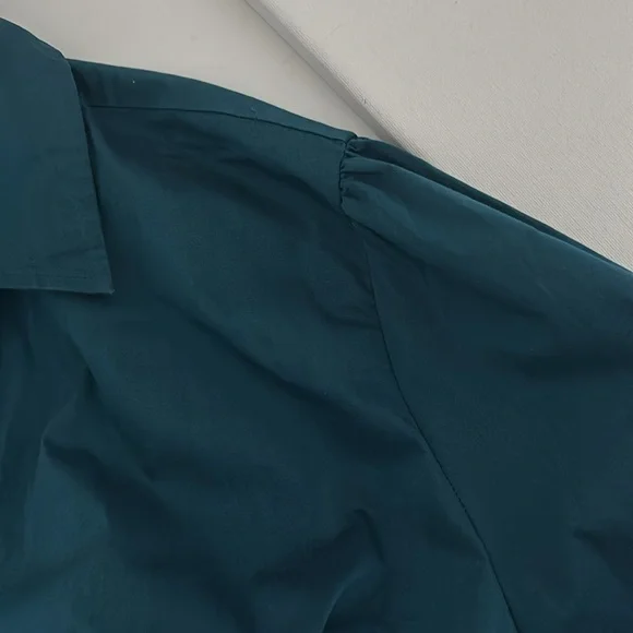 Teal Long Sleeve Blouse XXL Rhinestone Buttons Office Chic Minimalist Workwear - Picture 13 of 15